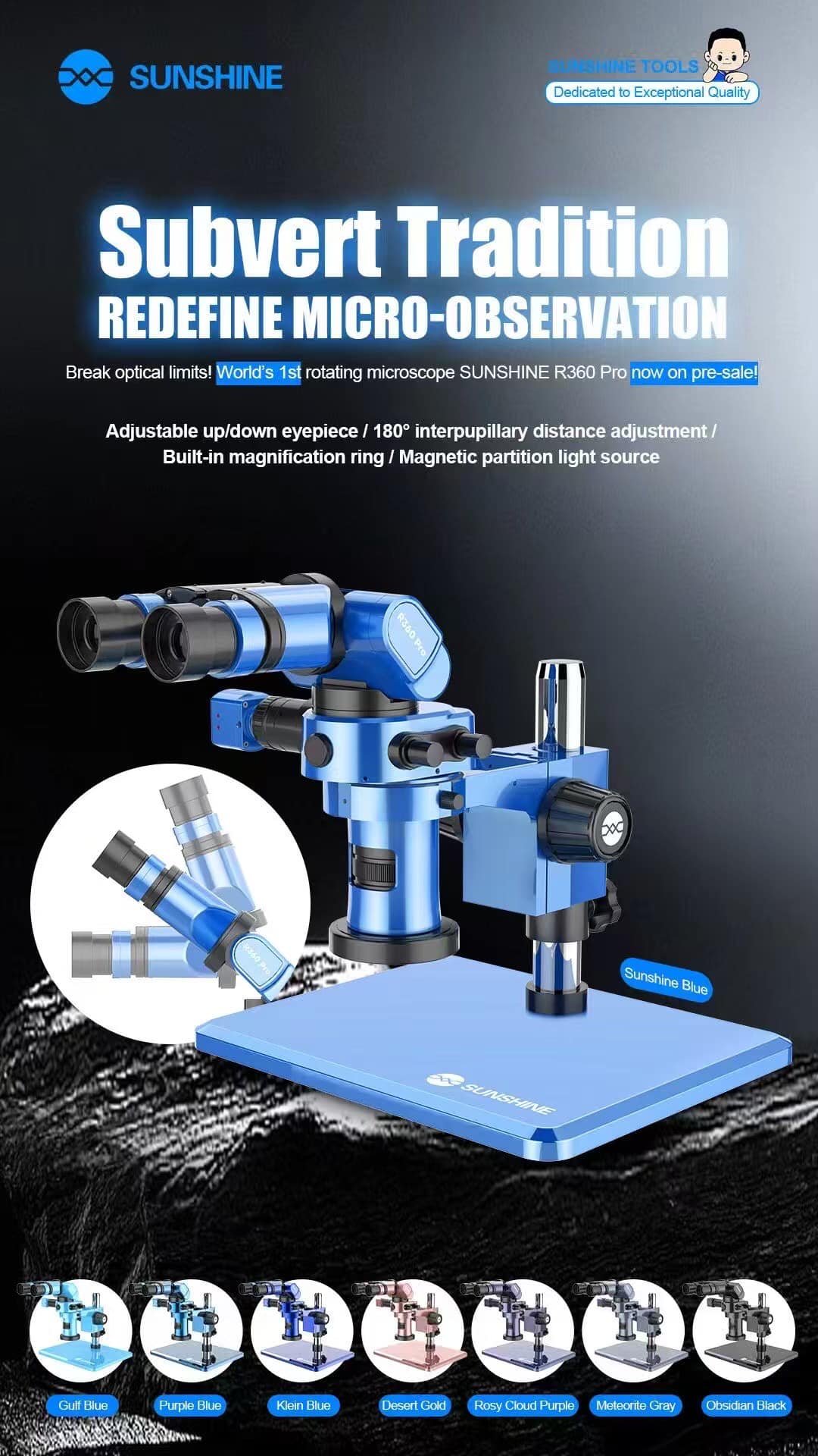 Sunshine R360 Pro Microscope with 4K Camera & Magnetic LED Light